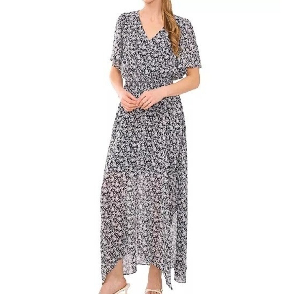 CeCe V Neck Smocked Waist Floral Print Maxi Coastal Sunrise Dress Womens S NWT